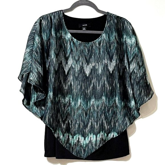 AGB Womens Poncho Style Top S Green & Black Polyester Blend Made In Vietnam - Picture 1 of 7